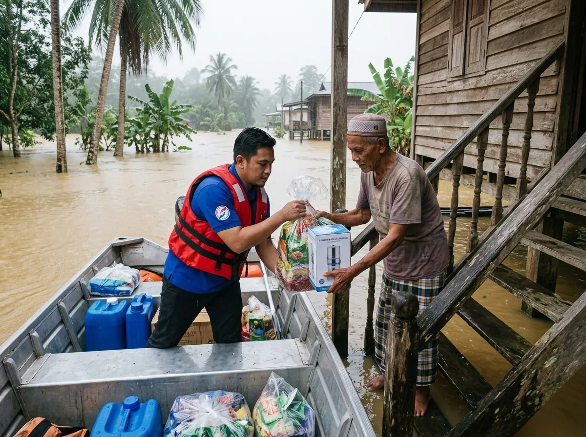 Bekalan bantuan banjir dihantar menggunakan bot.