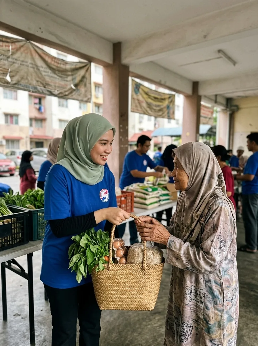 Penyerahan bakul makanan semasa aktiviti komuniti.